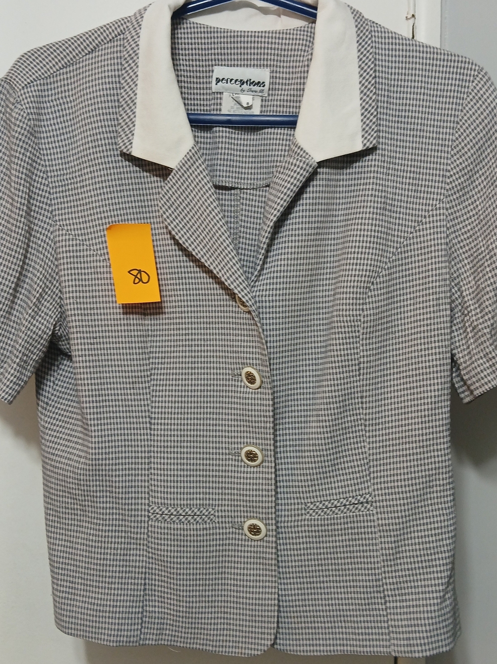 Perceptions Short Sleeve Checked Blazer in Cream and Gray